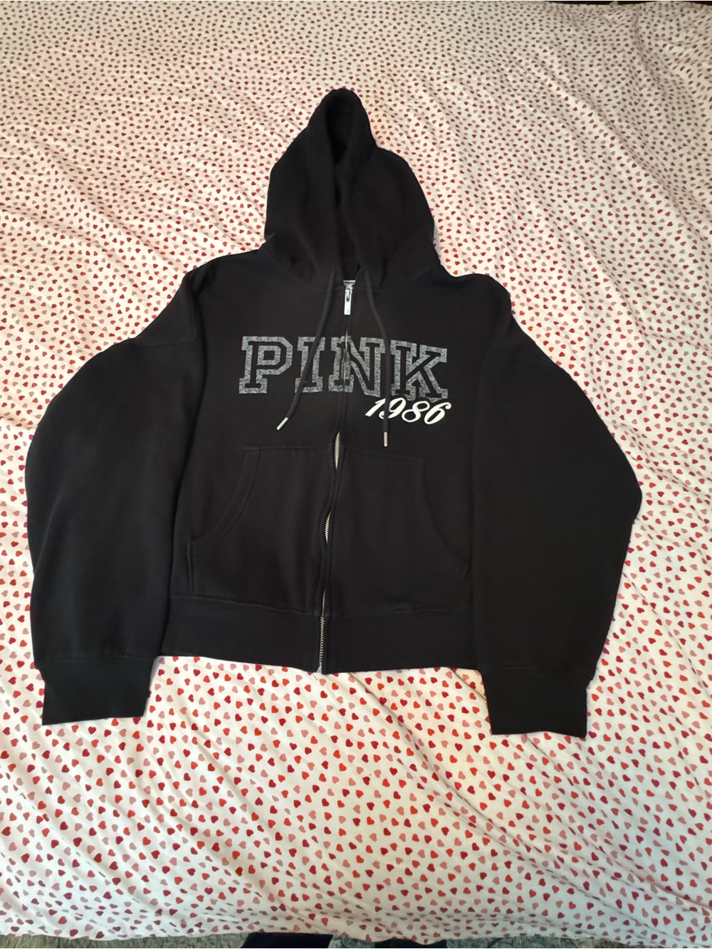 PINK Victoria's Secret Black Zip-Up Hoodie with 'PINK 1986' Logo
